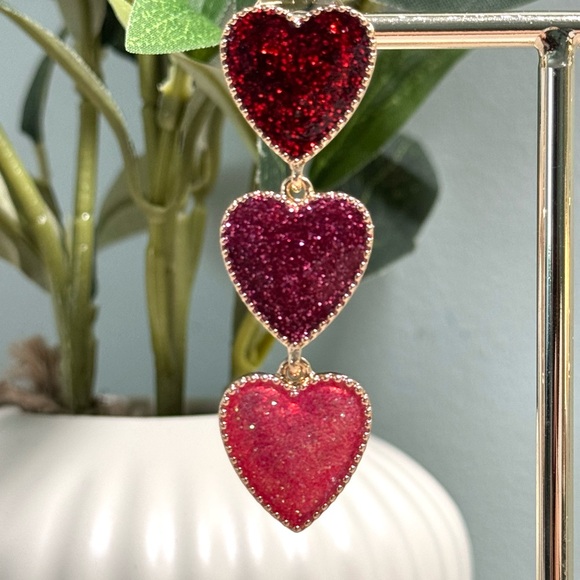 Glitter Heart Drop Earrings - Red and Pink - Picture 2 of 5